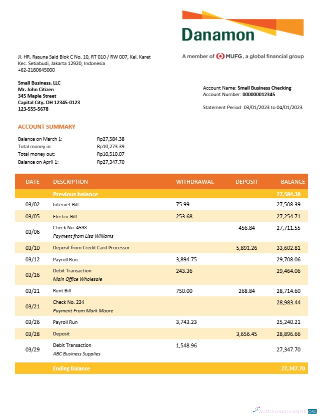 Download Bank Danamon enterprise account statement Word and PDF template Photoshop template